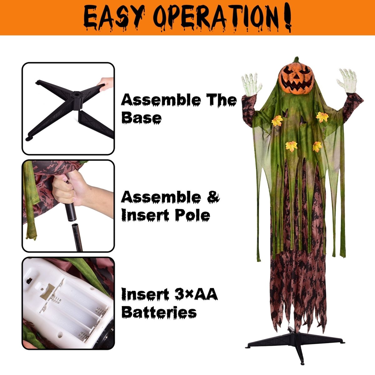 67" Halloween Interactive Standing Pumpkin Man with Lights and Sounds - PopFun