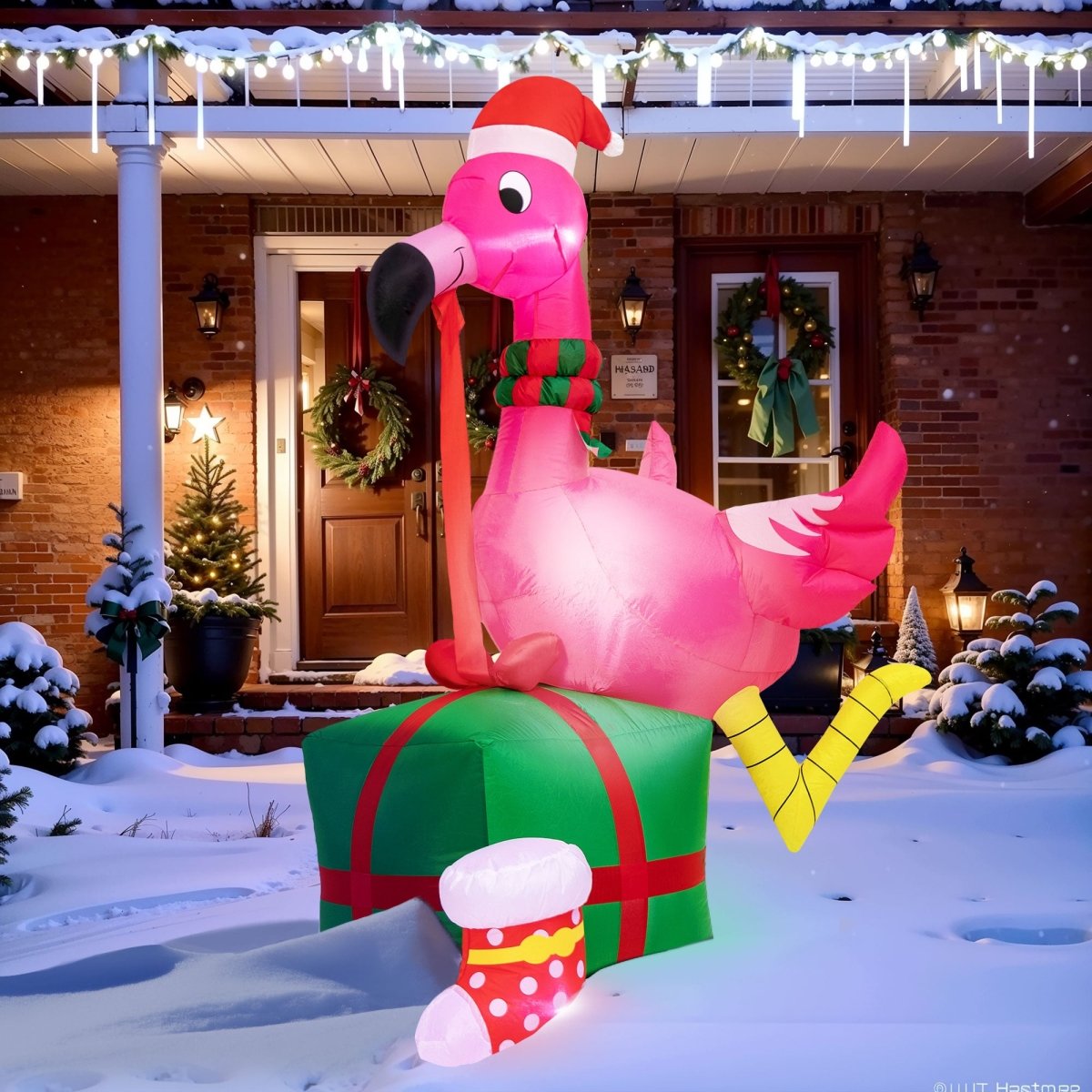 6FT Inflatable Christmas Pink Flamingo with LED Lights PopFun Light Up Christmas Pink Flamingo