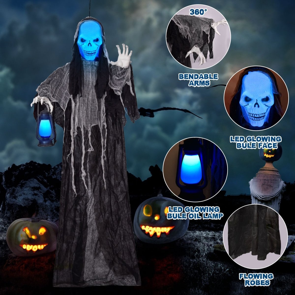 72" Hanging Interactive Reaper with LED and Sound Effects - PopFun