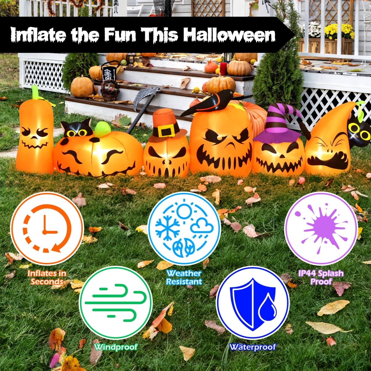 7ft Long Halloween Inflatable Horizontal Pumpkins Row - PopFun