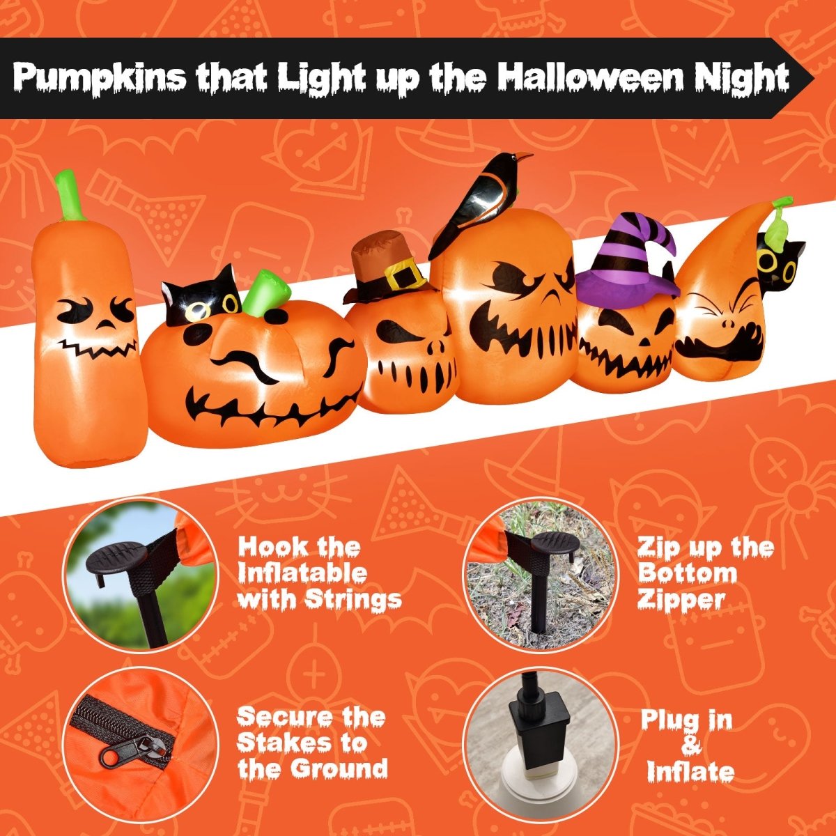7ft Long Halloween Inflatable Horizontal Pumpkins Row - PopFun
