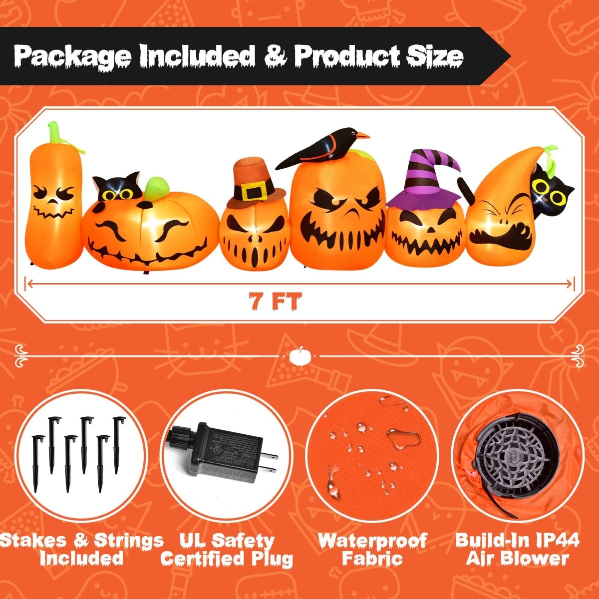 7ft Long Halloween Inflatable Horizontal Pumpkins Row - PopFun