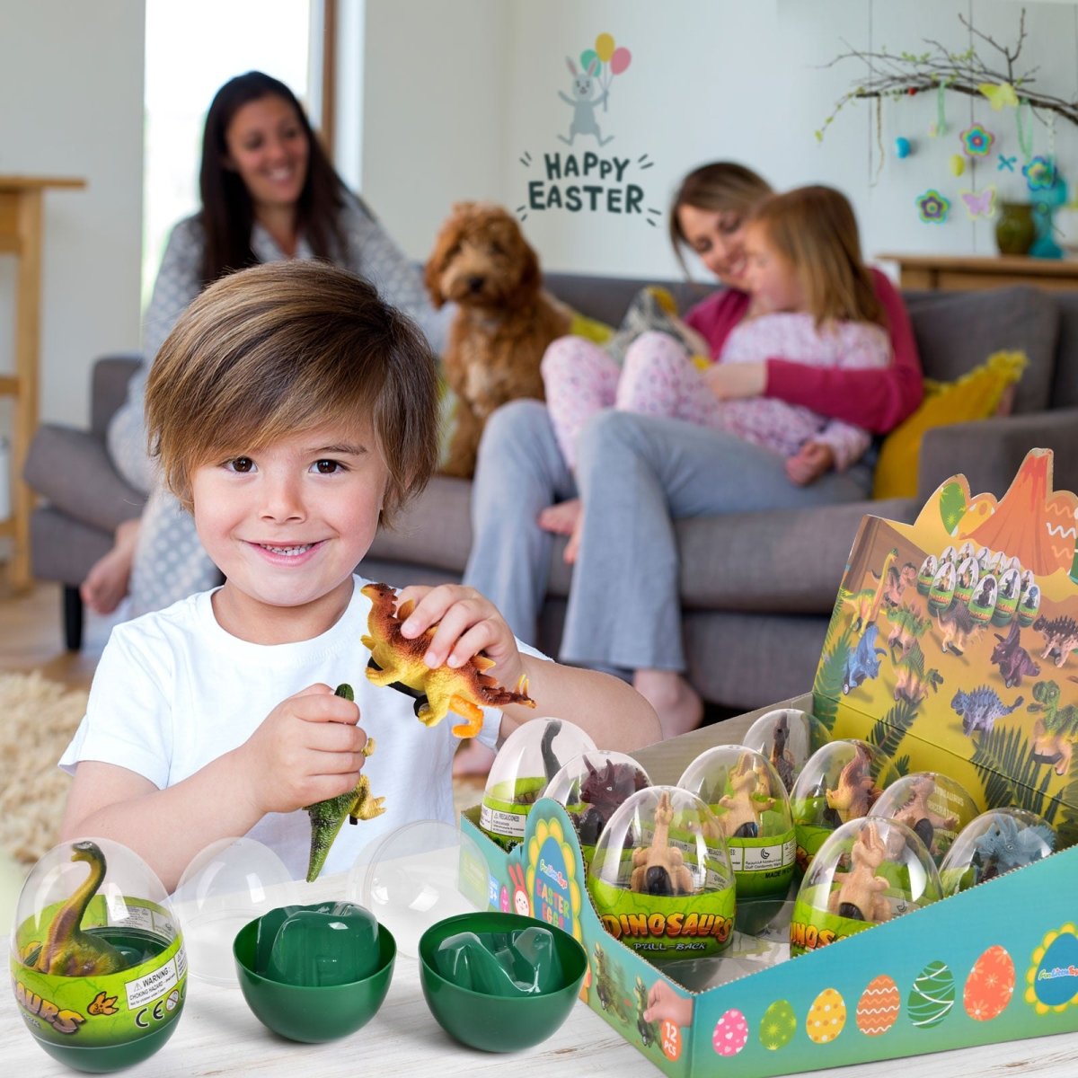 Easter Egg Prefilled with Dinosaur Pull-Back Cars, 12 pcs - PopFun