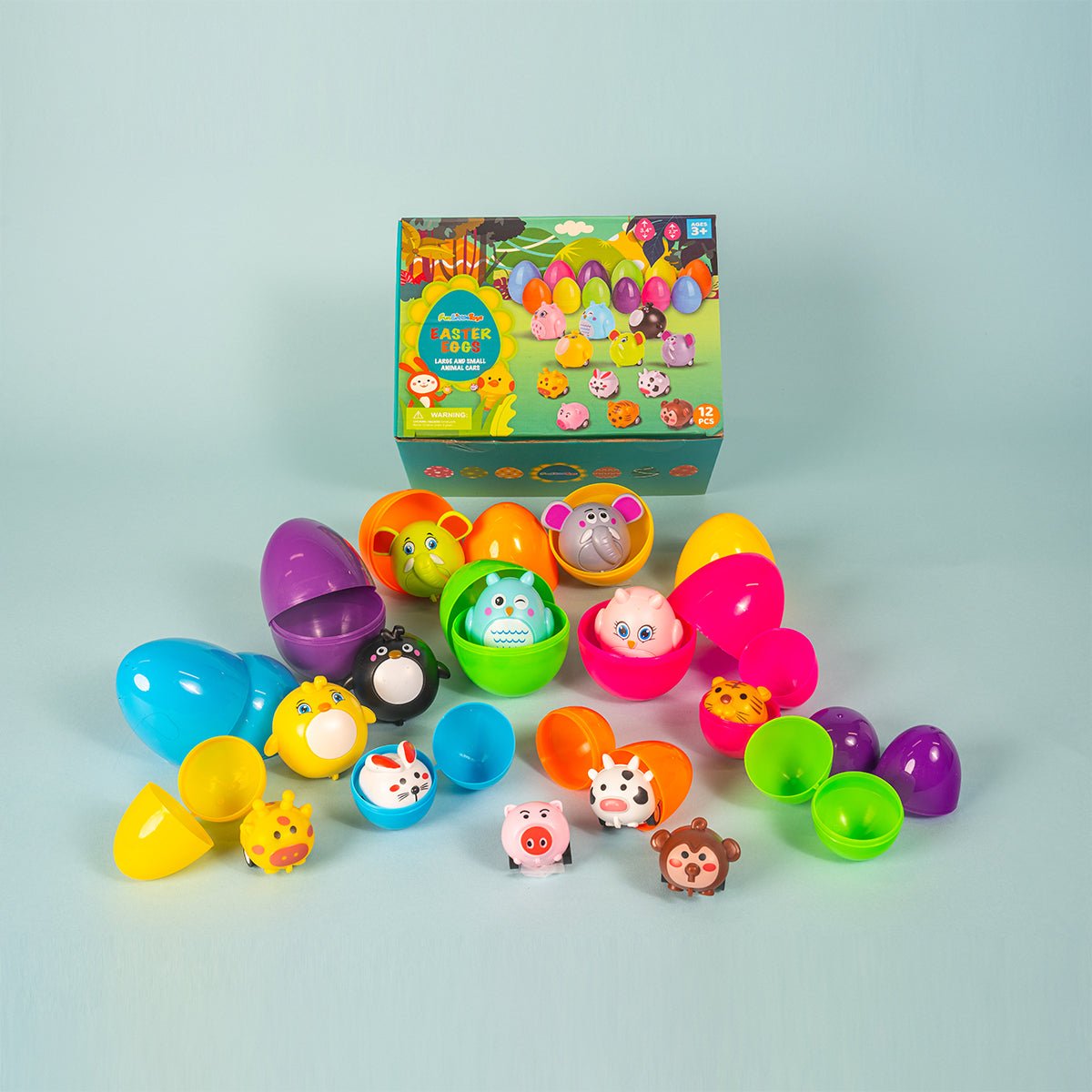 Prefilled Easter Eggs with Animal Pull Back Cars 12 Pcs - PopFun