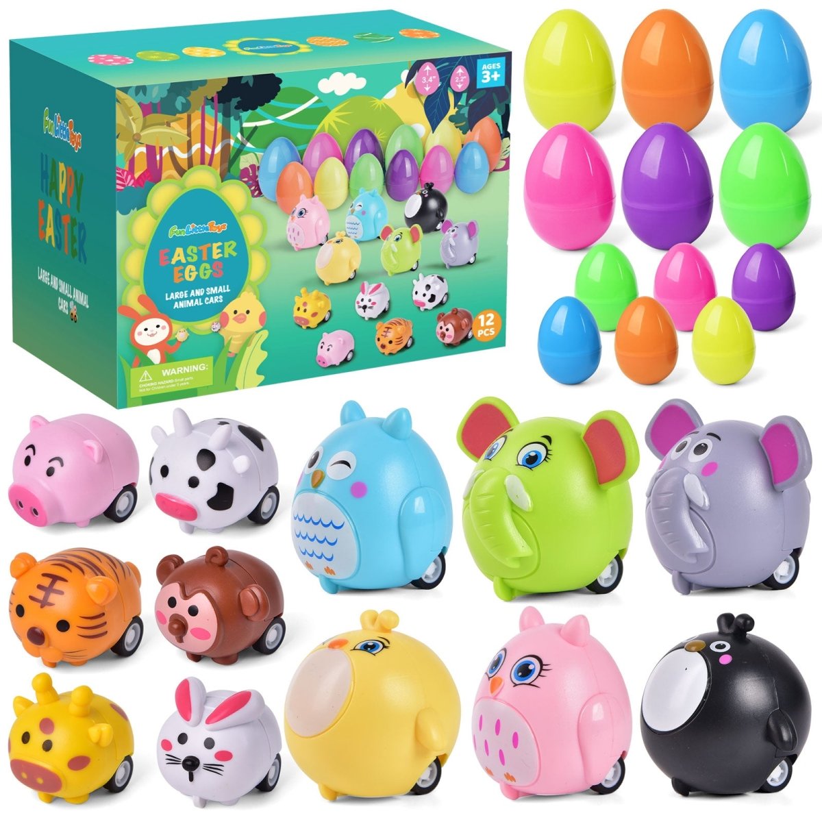 Prefilled Easter Eggs with Animal Pull Back Cars 12 Pcs - PopFun