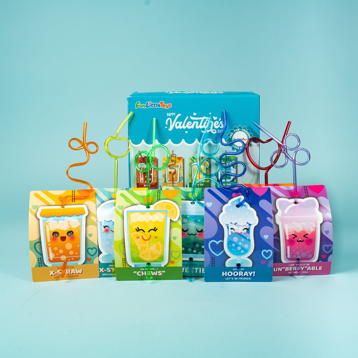 Valentines Day Cards for kids with Crazy Straws - 32 pcs - PopFun
