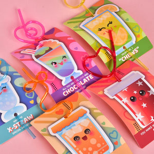 Valentines Day Cards for kids with Crazy Straws - 32 pcs - PopFun