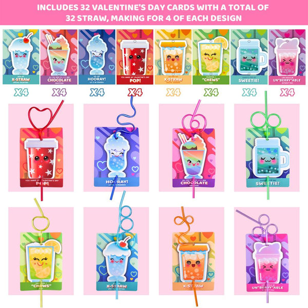 Valentines Day Cards for kids with Crazy Straws 32 PCS| PopFun