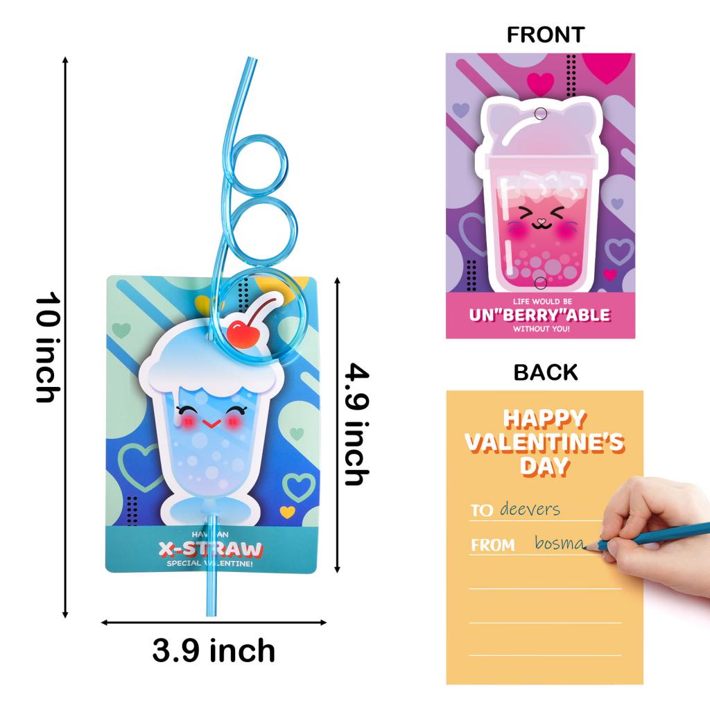 Valentines Day Cards for kids with Crazy Straws - 32 pcs - PopFun