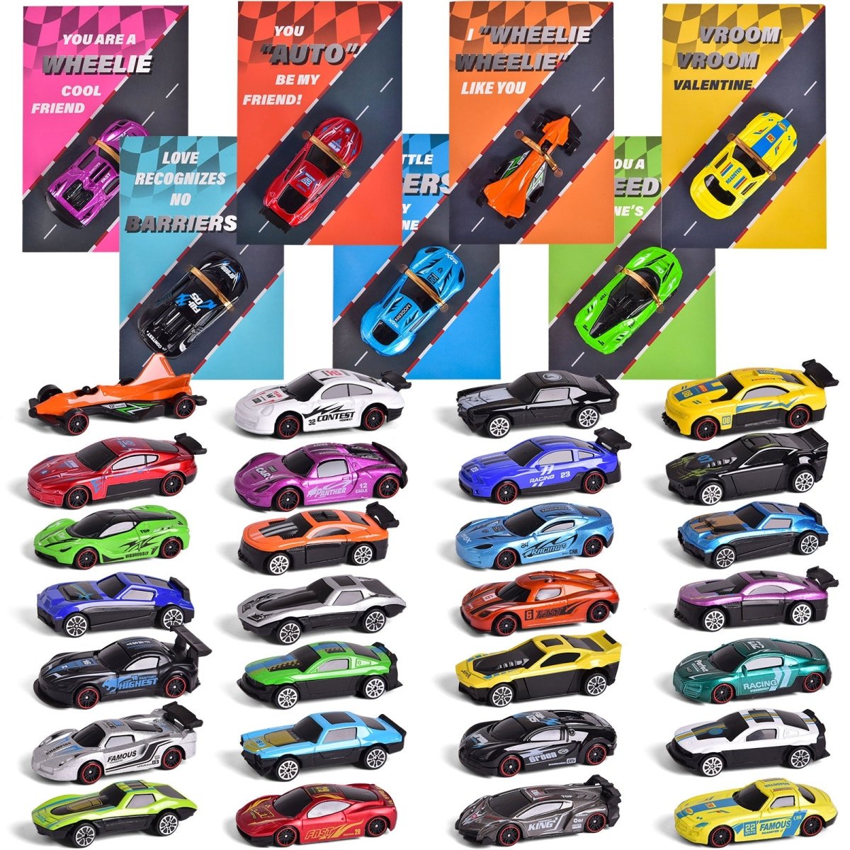 Valentines Day Gifts Cards with Racing Car Toys (28pcs) - PopFun