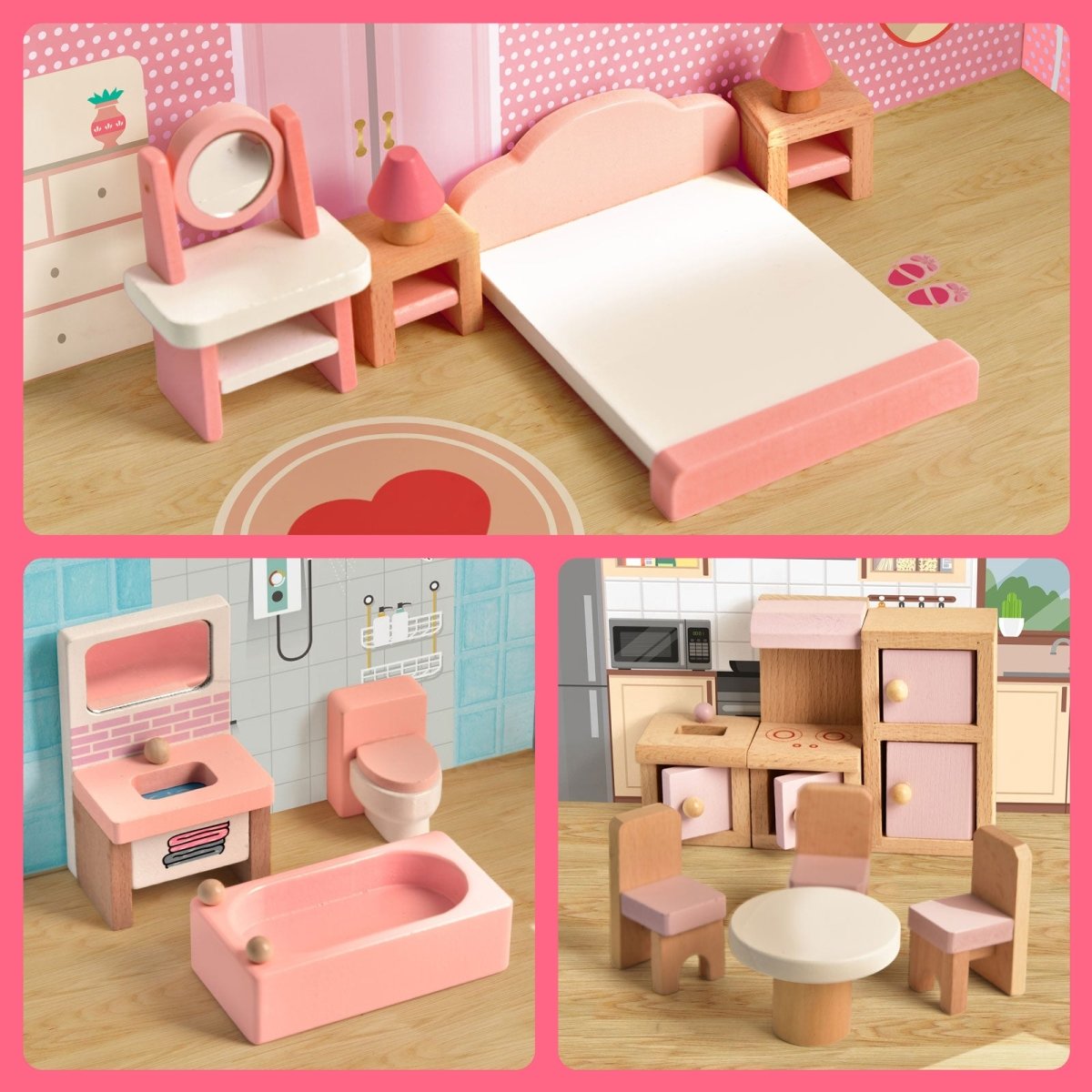 Wooden Dollhouse with Furniture - PopFun
