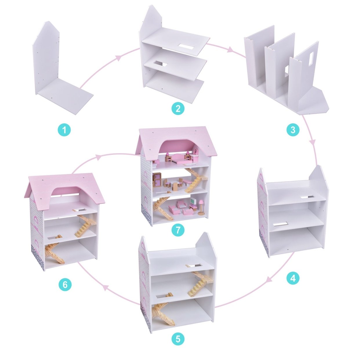 Wooden Dollhouse with Furniture - PopFun